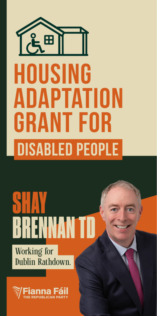 Front cover of Shay Brennan TD's Housing Adaptation Grant for Disabled People leaflet